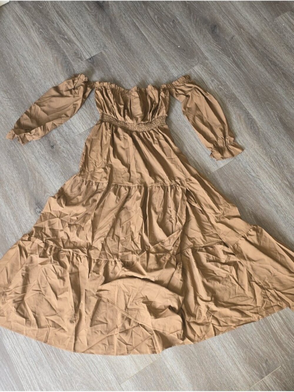 Smocked Off-Shoulder Tiered Maxi Dress in Tan